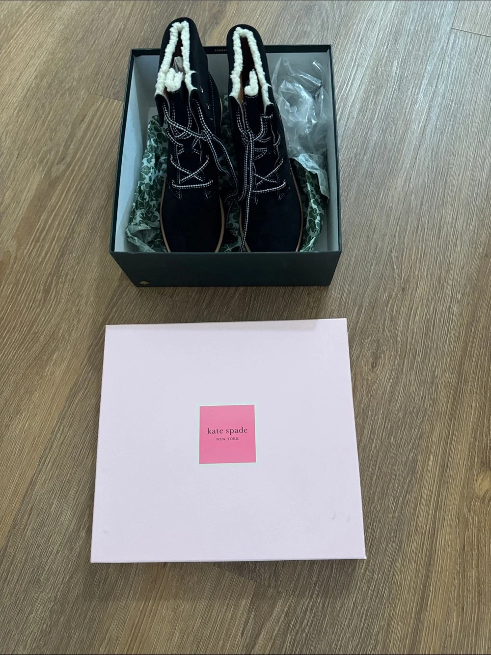 kate spade Black Suede Lace-Up Wedge Ankle Boots with Tan Trim